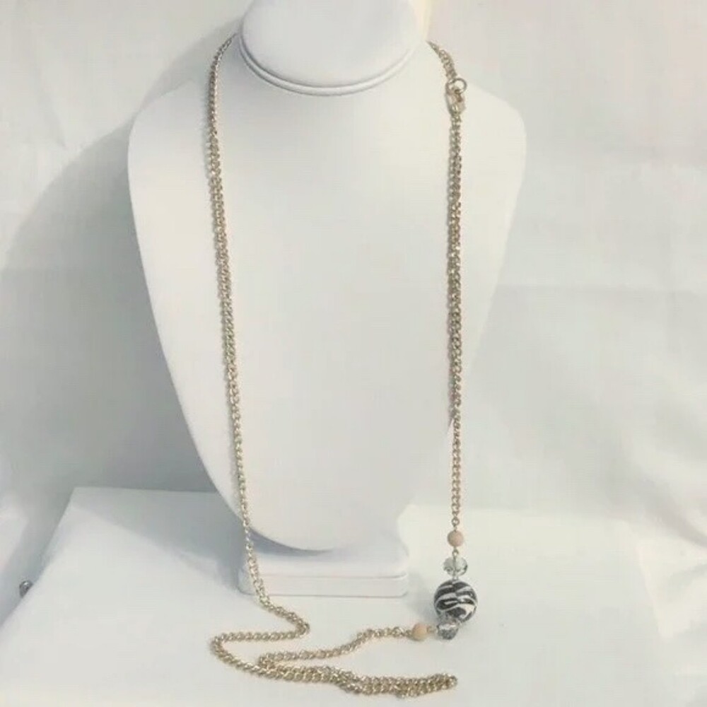 Croft & Barrow Long Animal Print Beaded Necklace Gold Tone Chain NOC